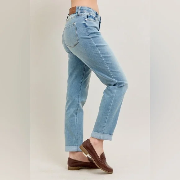 Judy Blue Full Size V-Front Cuff Boyfriend Jeans Plus Size